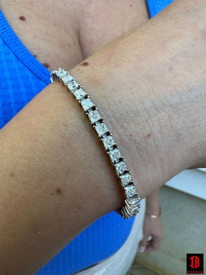 White Gold Micro Tennis Bracelet , Moissanite Princess Square-Cut ,925 Sterling Silver Wristlet