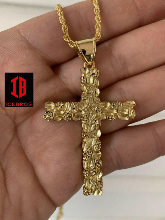 X-Large 2.25inch Gold Nugget Cross 14k Gold Over Solid 925 Silver Necklace Chain