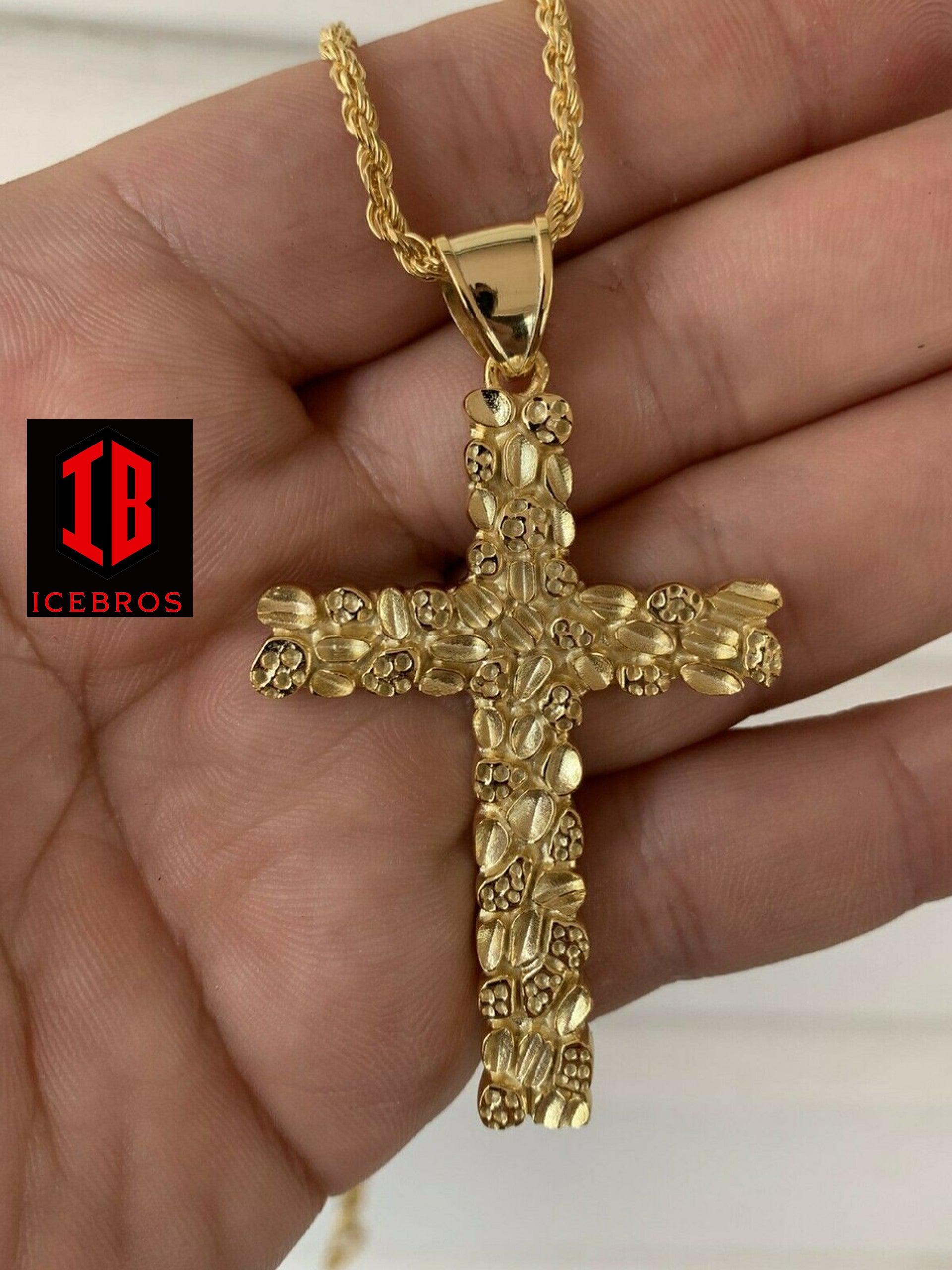 X-Large 2.25inch Gold Nugget Cross 14k Gold Over Solid 925 Silver Necklace Chain - Flawless Karat