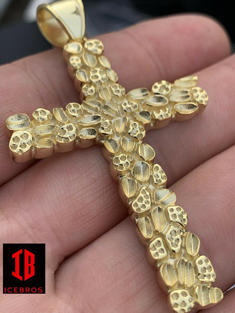 X-Large 2.25inch Gold Nugget Cross 14k Gold Over Solid 925 Silver Necklace Chain - Flawless Karat