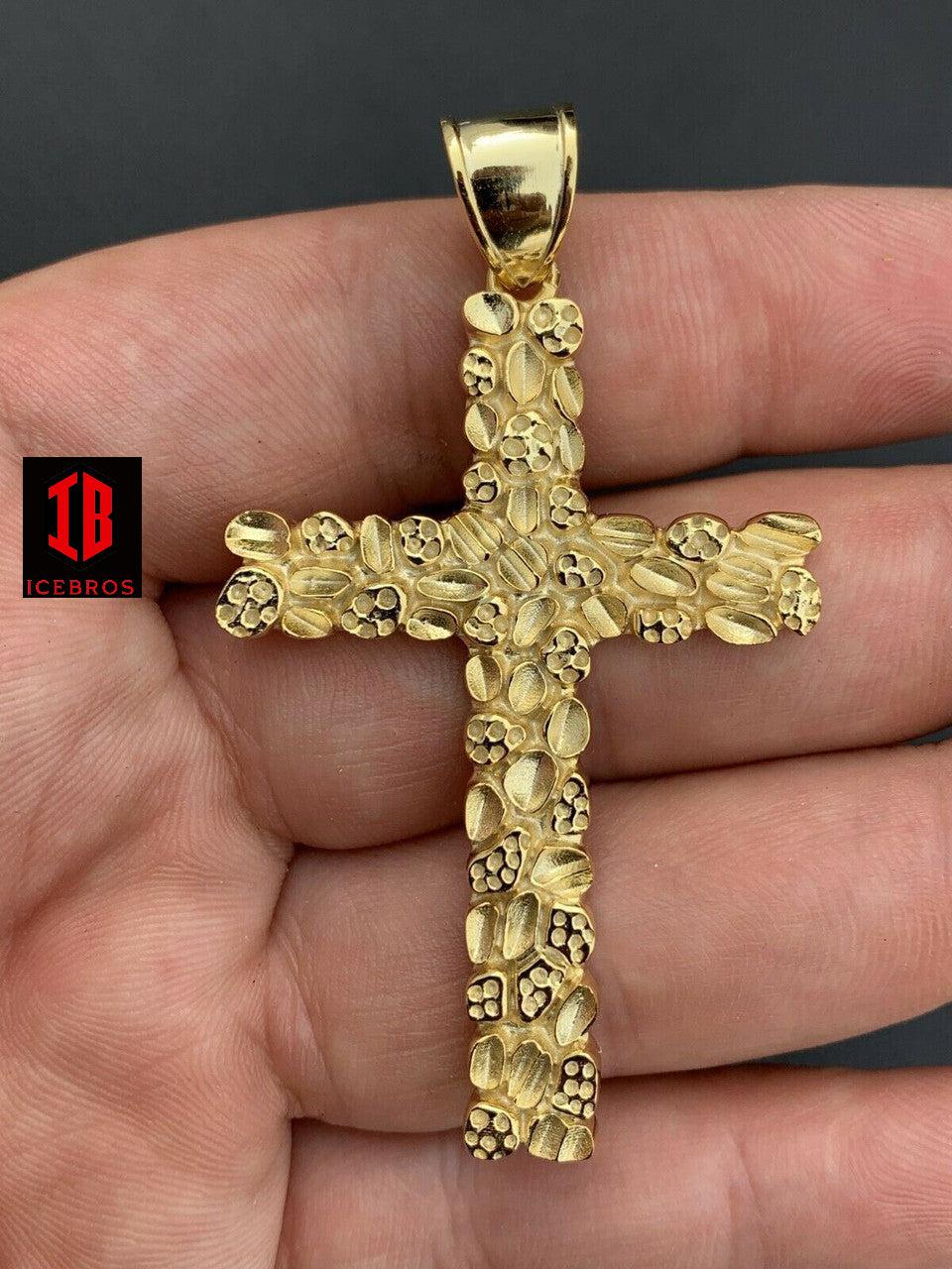 X-Large 2.25inch Gold Nugget Cross 14k Gold Over Solid 925 Silver Necklace Chain - Flawless Karat