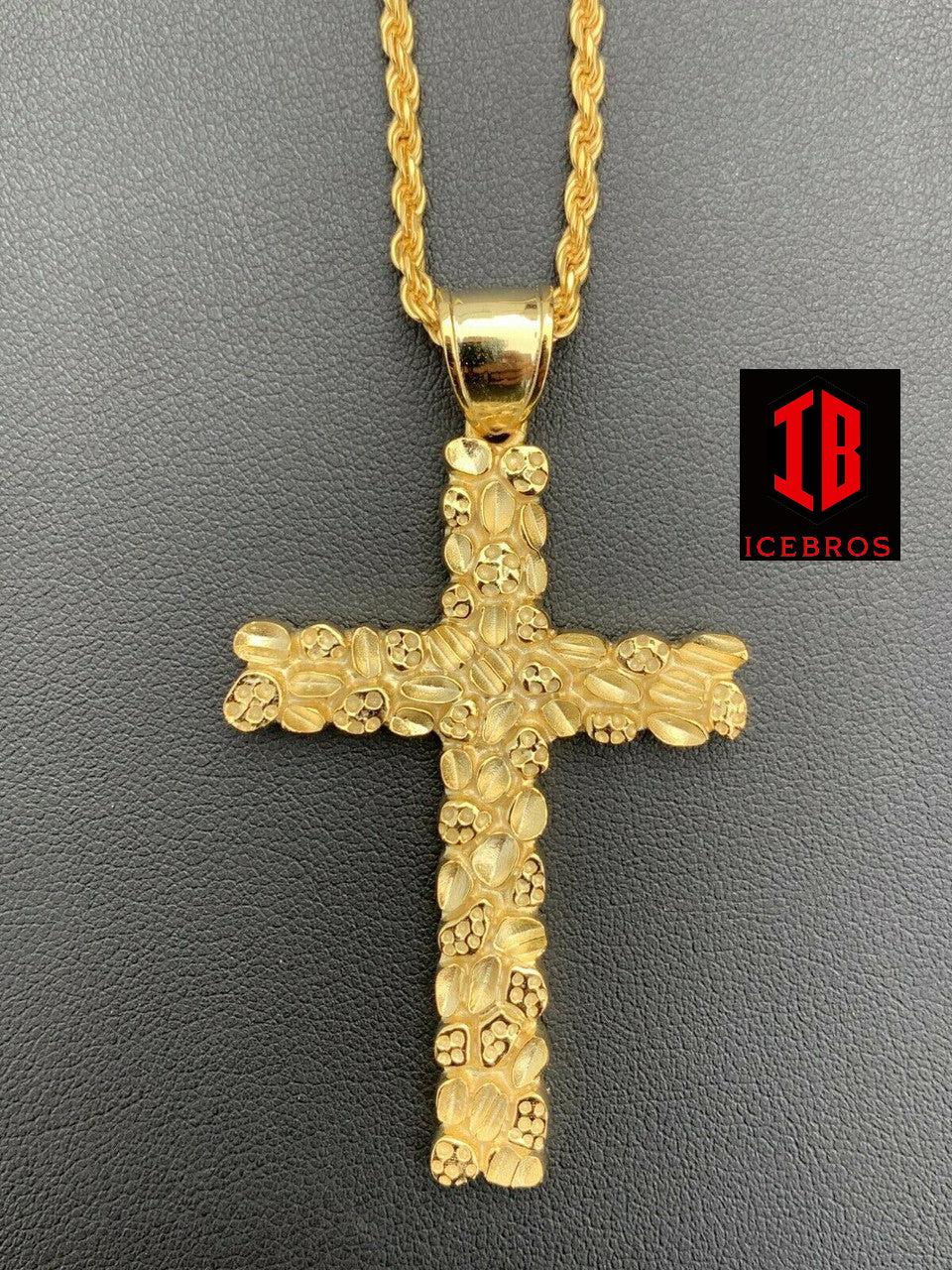 X-Large 2.25inch Gold Nugget Cross 14k Gold Over Solid 925 Silver Necklace Chain - Flawless Karat