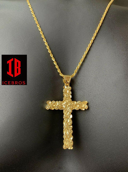 X-Large 2.25inch Gold Nugget Cross 14k Gold Over Solid 925 Silver Necklace Chain - Flawless Karat