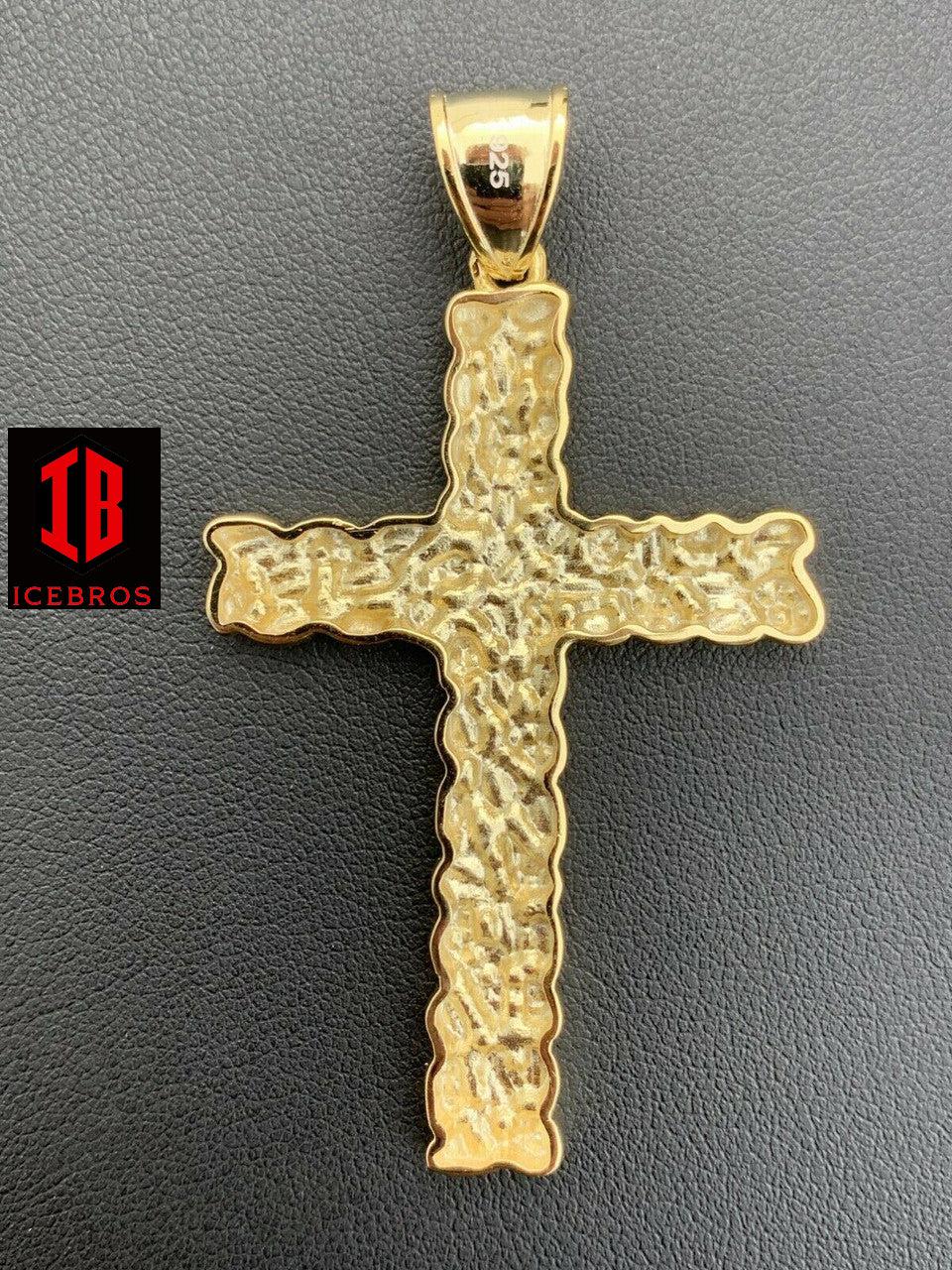 X-Large 2.25inch Gold Nugget Cross 14k Gold Over Solid 925 Silver Necklace Chain - Flawless Karat