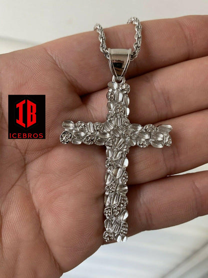 X-Large 2.25inch Gold Nugget Cross 14k Gold Over Solid 925 Silver Necklace Chain - Flawless Karat