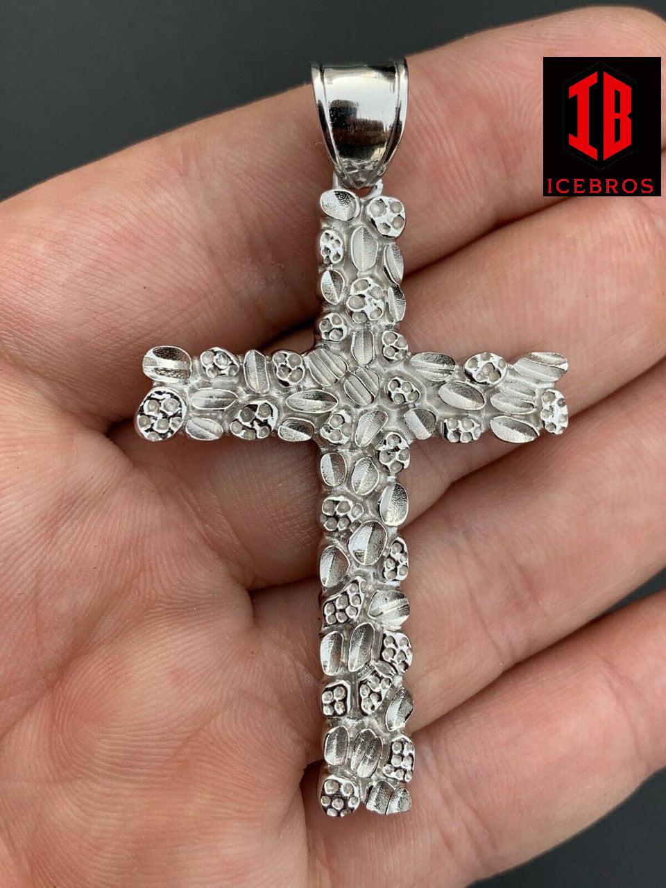 X-Large 2.25inch Gold Nugget Cross 14k Gold Over Solid 925 Silver Necklace Chain - Flawless Karat