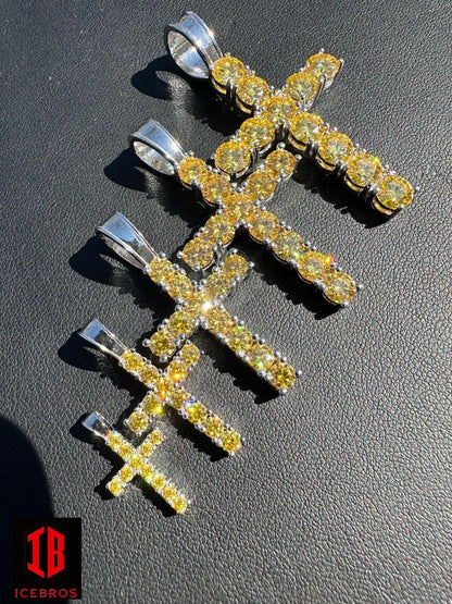 Yellow Canary MOISSANITE Fine 925 Silver Cross Iced Pendant Necklace icebros