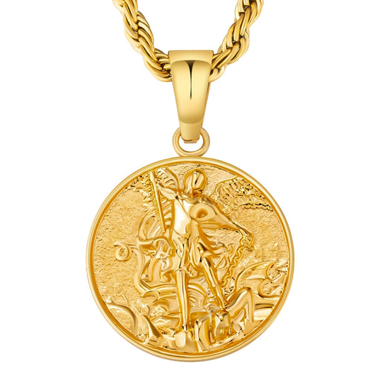 St Michael Angel Pendant Necklace 18K Gold Stainless Steel Rope Chain