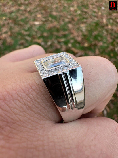 The Shinning White Gold Plated 925 Sterling Silver Pinky Ring With Emerald Cut Moissanite  Stones