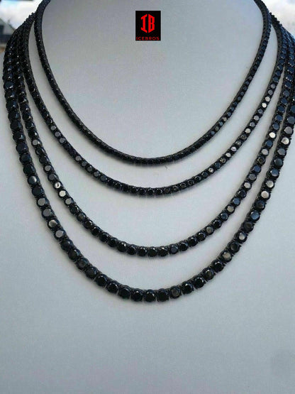 Black CZ Diamond Tennis Chain SOLID 925 Sterling Silver Single Row ICED Mens 3-6mm