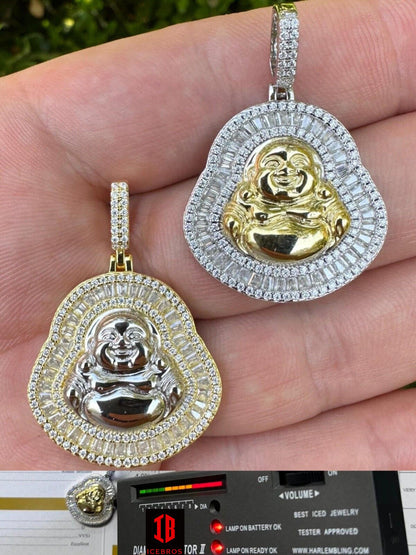 Buddha Pendant Real Moissanite Solid 925 Silver / 14k Gold Plated Iced Necklace