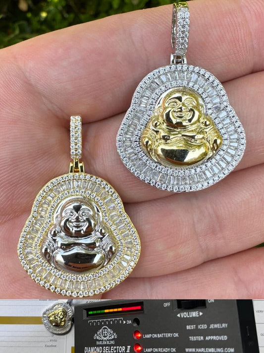 Buddha Pendant Real Moissanite Solid 925 Silver / 14k Gold Plated Iced Necklace