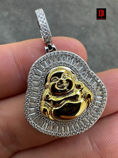 Buddha Pendant Real Moissanite Solid 925 Silver / 14k Gold Plated Iced Necklace