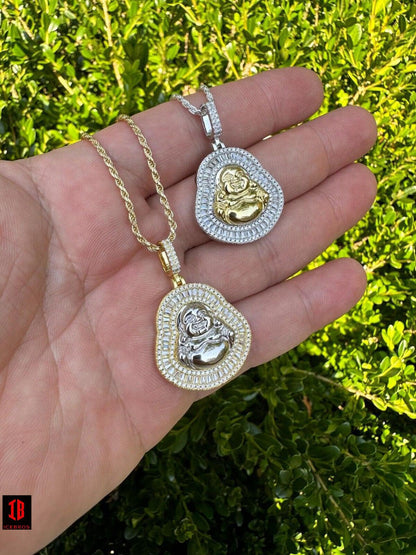 Buddha Pendant Real Moissanite Solid 925 Silver / 14k Gold Plated Iced Necklace