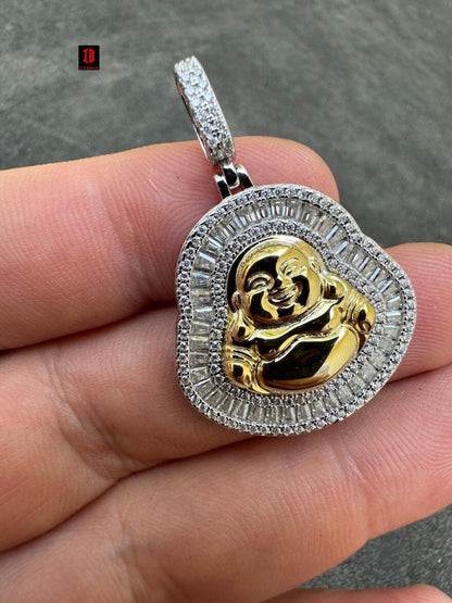 Buddha Pendant Real Moissanite Solid 925 Silver / 14k Gold Plated Iced Necklace