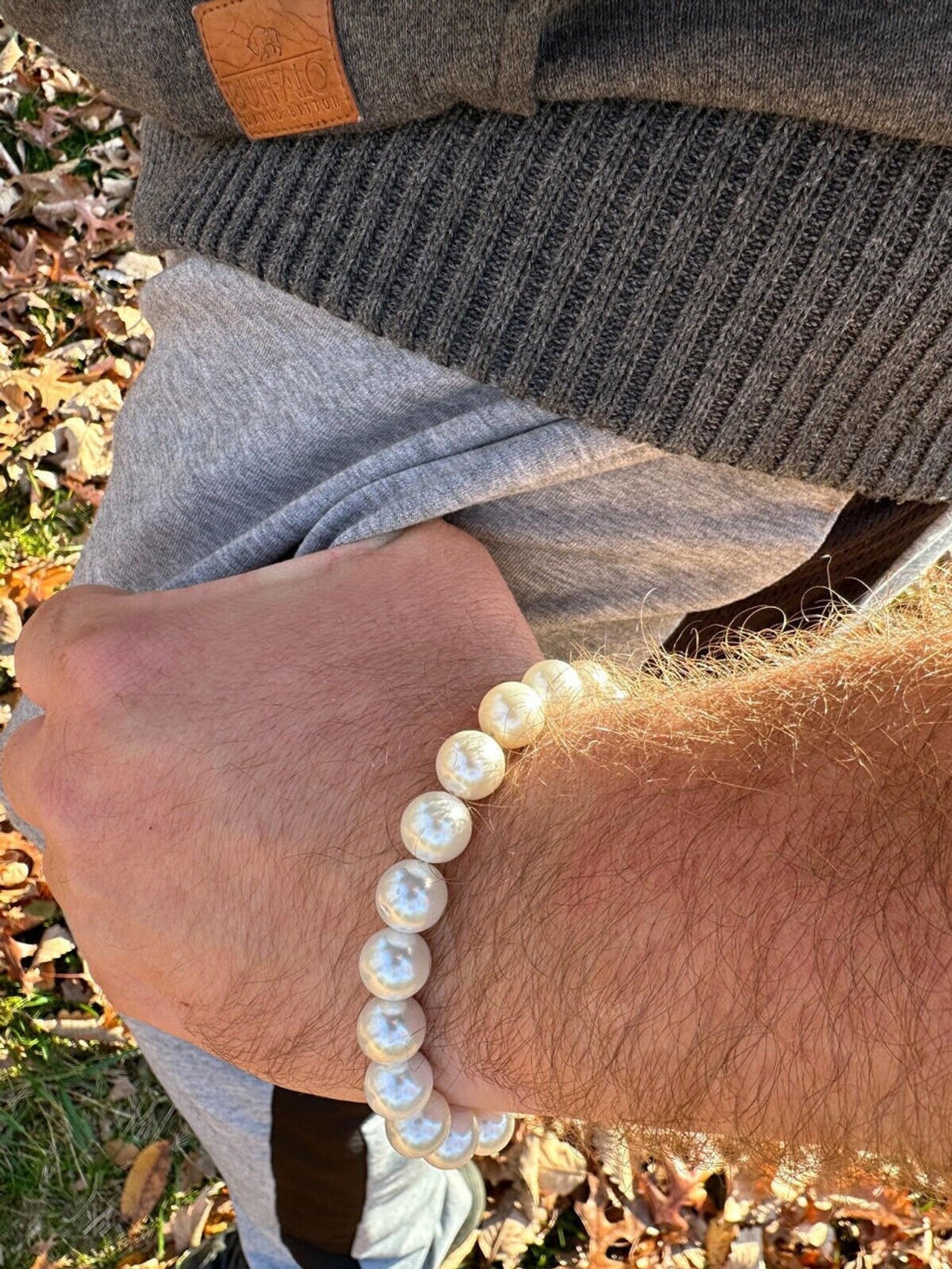 White Cultured Pearl Bracelet 925 Sterling Silver Clasp For Men & Women