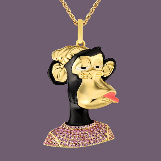 NFT Flirty Ape Pendant Necklace 14K Gold and Black Gold Plated Brass