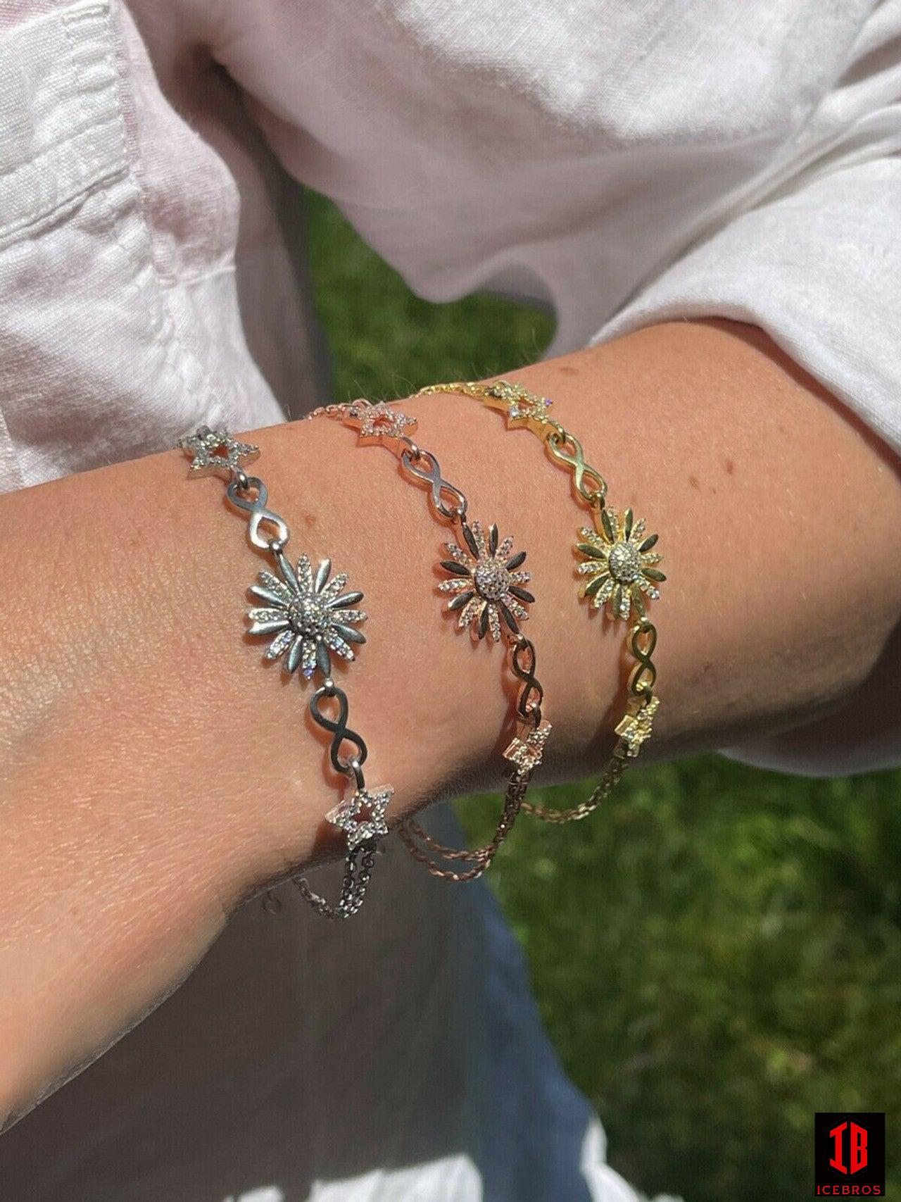 Real 925 Silver / Yellow Rose Gold Flower W. Star Infinity Sunflower Bracelet