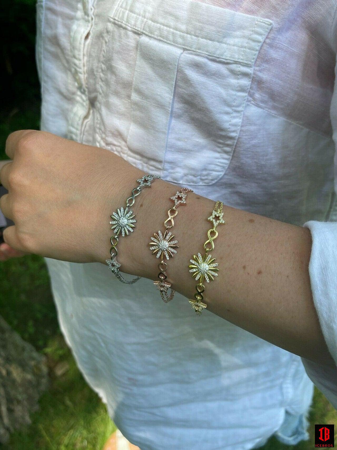 Real 925 Silver / Yellow Rose Gold Flower W. Star Infinity Sunflower Bracelet