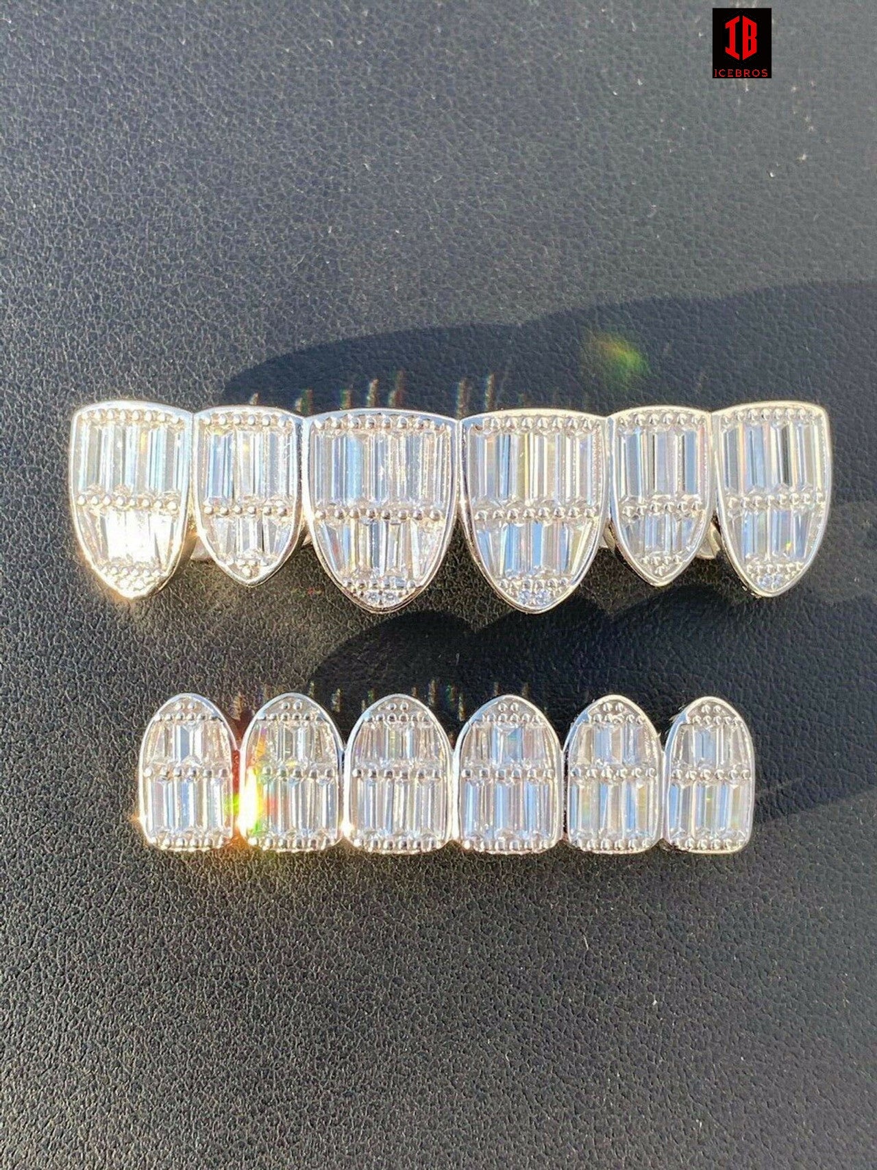 White Rhodium 925 Sterling Silver Grillz Baguette Iced Grills Top Or Bottom Teeth