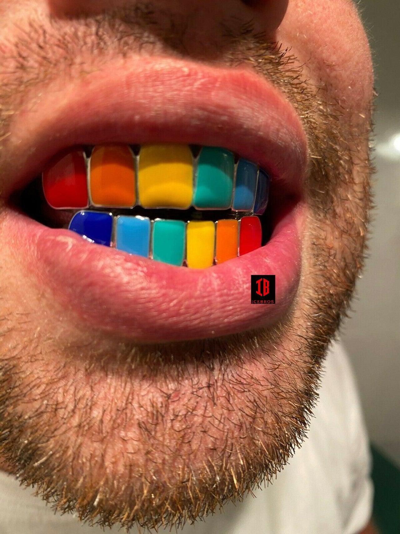 White 925 Sterling Silver GRILLZ Teeth Top Bottom Rainbow Color