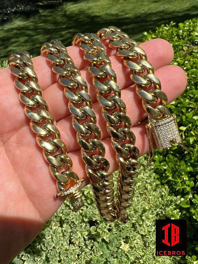 (12MM) 14K-18K Gold Plated Stainless Steel Cuban Link Chain CZ Diamond Lock 8-14MM