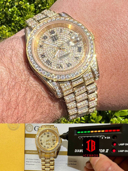 (40) MOISSANITE Men Presidential Automatic Watch Gold Iced Hip Hop Passes Diamond Test