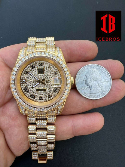 (40) MOISSANITE Men Presidential Automatic Watch Gold Iced Hip Hop Passes Diamond Test