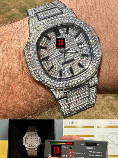 (2) Genuine 14ct MOISSANITE Mens Watch Fully Iced Stainless Hip Hop Pass Diamond Test