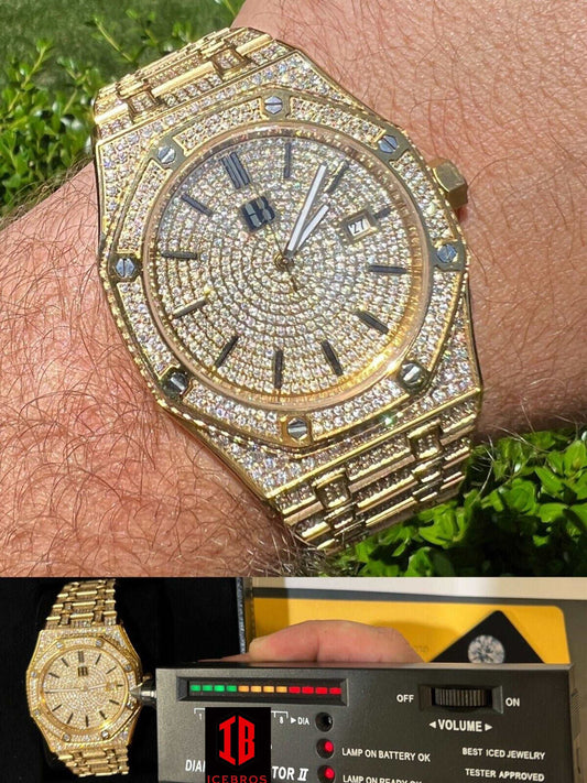 (52) VS MOISSANITE Skeleton Watch Out Iced Gold Hip Hop Pass Diamond Test Bust Down (12.4CT)