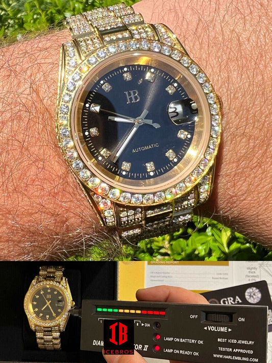 (47) MOISSANITE Real Gold Presidential Automatic Watch Iced Hip Hop Passes Diamond Test