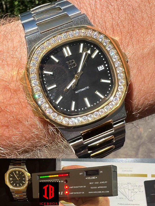 (36) Real Stainless & 14k Gold Iced 2ct Moissanite Watch Black Face Pass Diamond Test