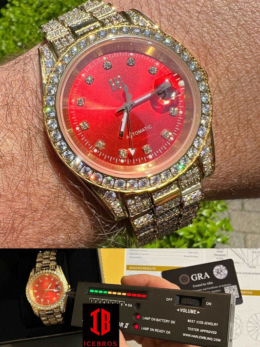 (29) Mens MOISSANITE Red Face Gold Presidential Watch Iced Hip Hop Passes Diamond Test