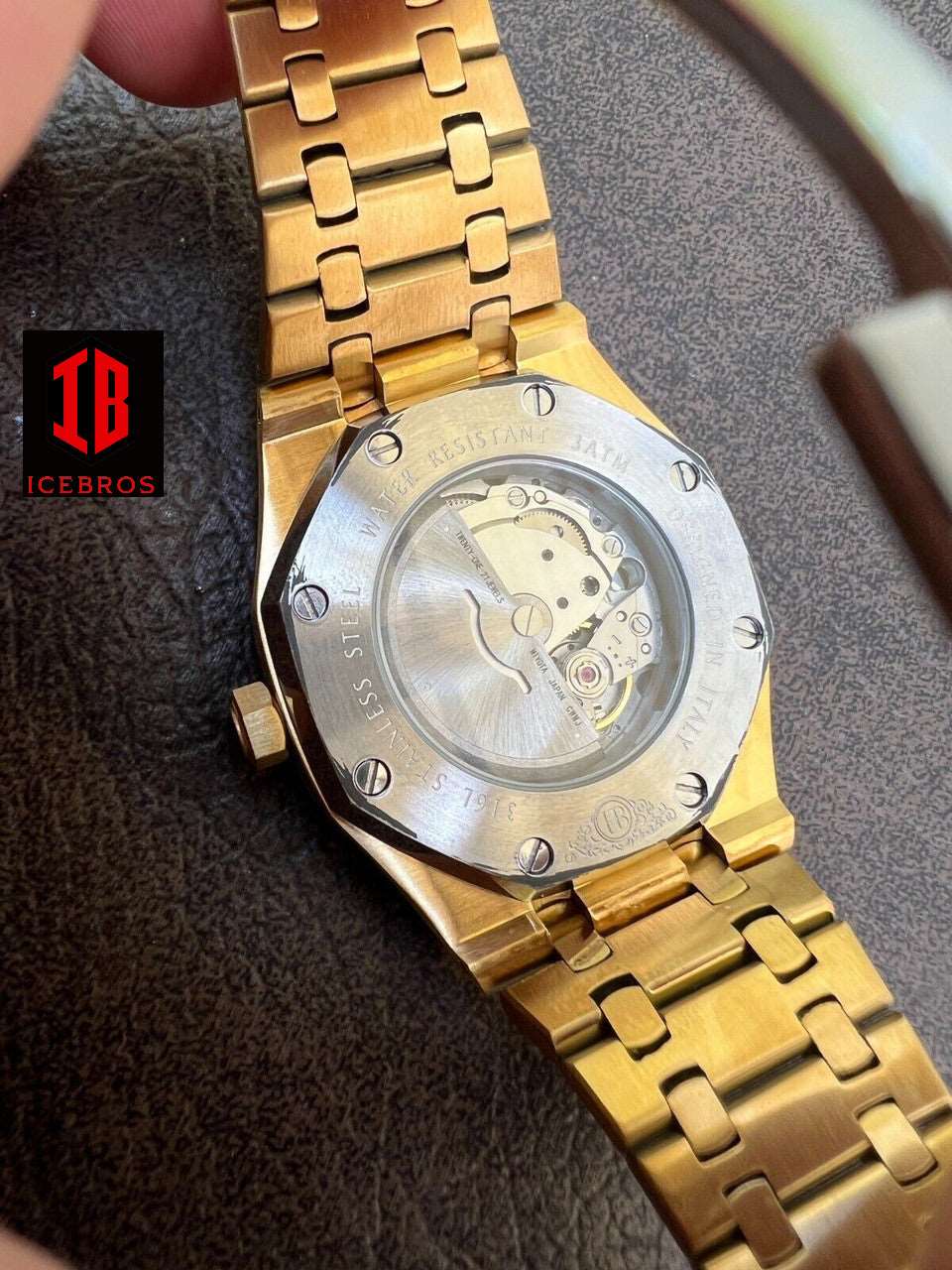 (22) MOISSANITE Watch Iced Automatic Skeleton Back 14K Gold & Stainless Steel