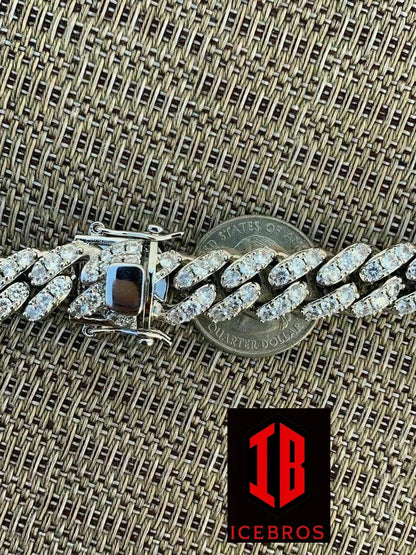 12mm Miami Cuban Link Solid 925 Sterling Silver Iced Moissanite Passes Diamond Tester