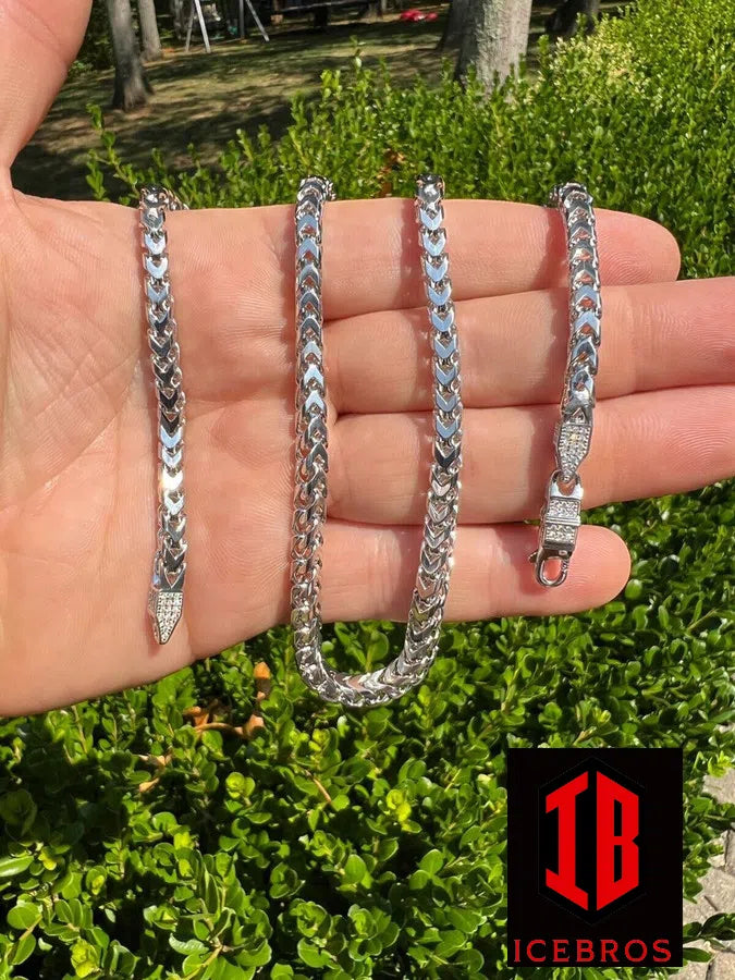 5mm Franco Link Chain Necklace 925 Sterling Silver Iced MOISSANITE Lock