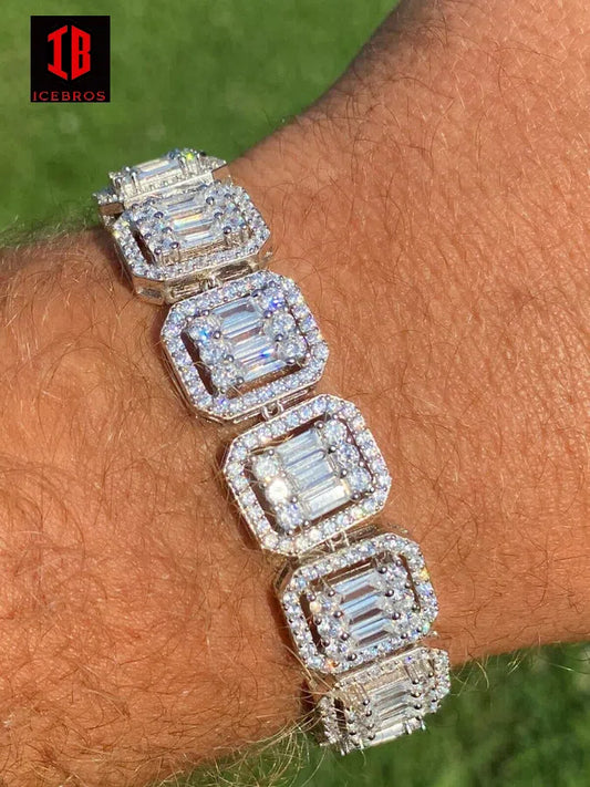 Men’s Real Solid 925 Silver Baguette Iced Bracelet 15mm Thick Bust Down Diamonds