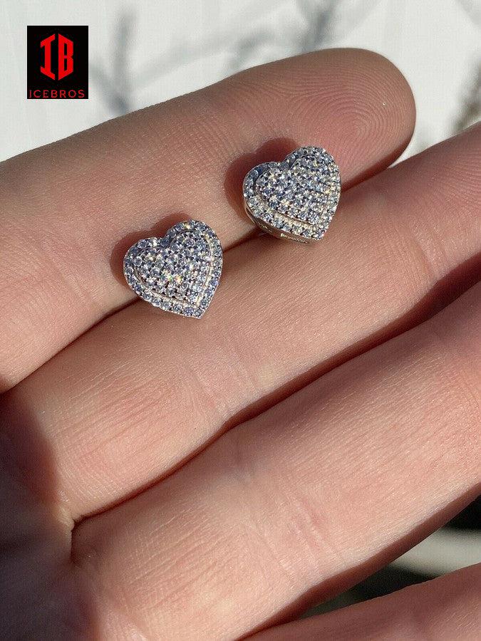 Solid 925 Sterling Silver Iced Moissanite 3D Heart Stud Earrings Passes Diamond Test