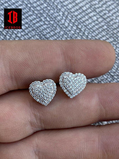 Solid 925 Sterling Silver Iced Moissanite 3D Heart Stud Earrings Passes Diamond Test