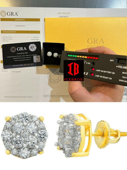 14k Gold Over Vermeil Iced MOISSANITE Earrings Cluster Studs Passes Diamond Tester