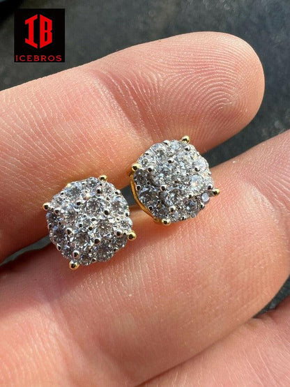 14k Gold Over Vermeil Iced MOISSANITE Earrings Cluster Studs Passes Diamond Tester