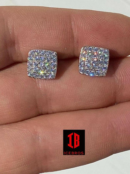 925 Sterling Silver Iced MOISSANITE Square Screw back Earrings Passes Diamond Tester