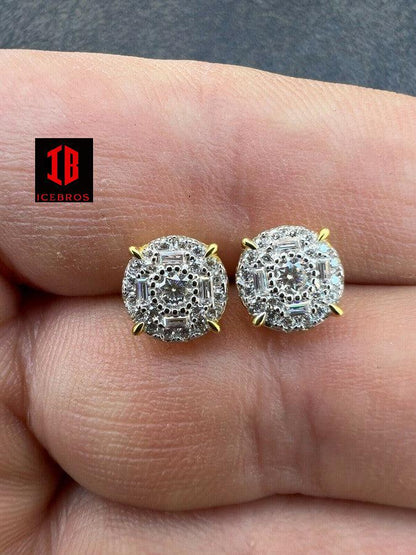 Moissanite 14k Gold Plated Over 925 Silver Hip Hop 8mm Earrings Round & BAGUETTE Cluster Studs