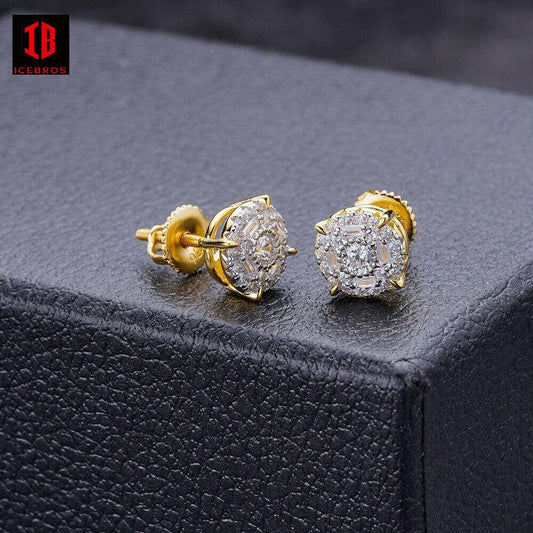 Moissanite 14k Gold Plated Over 925 Silver Hip Hop 8mm Earrings Round & BAGUETTE Cluster Studs