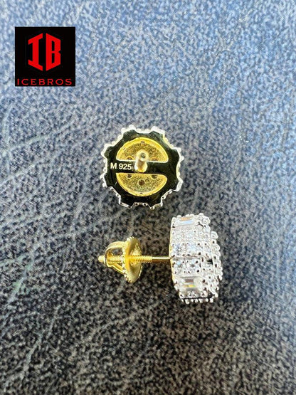 Iced 14k Gold Vermeil baguette Moissanite Earrings Big 10mm Men's Hip Hop Studs