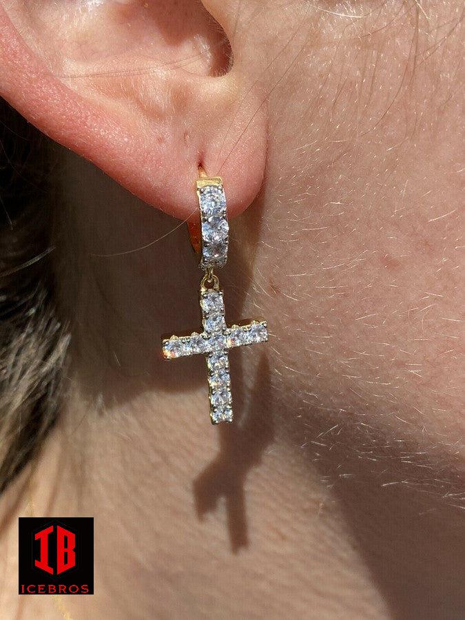 Iced MOISSANITE 14k Gold Vermeil 925 Silver Dangle Cross Stud Earrings 2ct