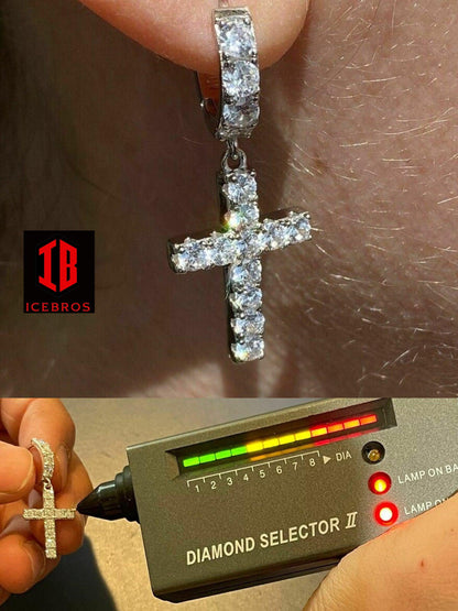 Iced MOISSANITE 14k Gold Vermeil 925 Silver Dangle Cross Stud Earrings 2ct