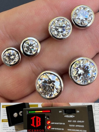Iced Moissanite Bezel Stud Earrings 925 Sterling Silver Men's Ladies Pass Diamond Tester