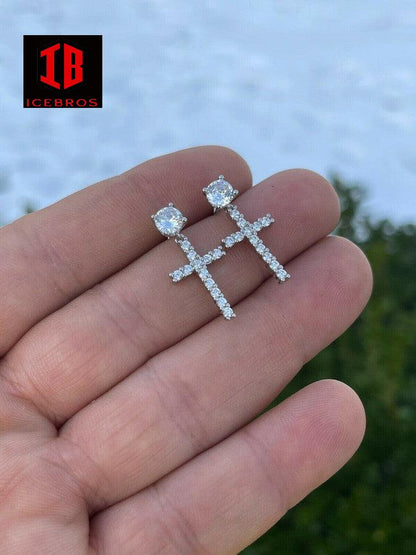 925 Sterling Silver Cross MOISSANITE Earrings Men's Ladies Dangle Iced Pass Diamond Tester