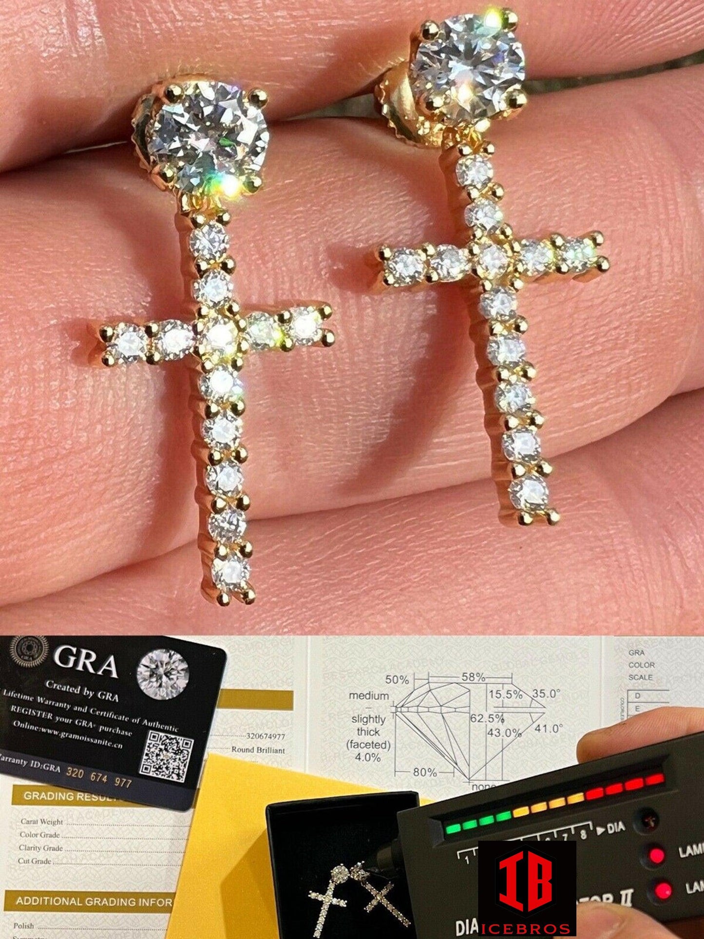 925 Sterling Silver Cross MOISSANITE Earrings Men's Ladies Dangle Iced Pass Diamond Tester